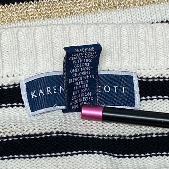 Karen Scott Wide Stripe Knit Sweater Boat Neck XL 3/4 Sleeve Metallic Gold - Picture 11 of 12